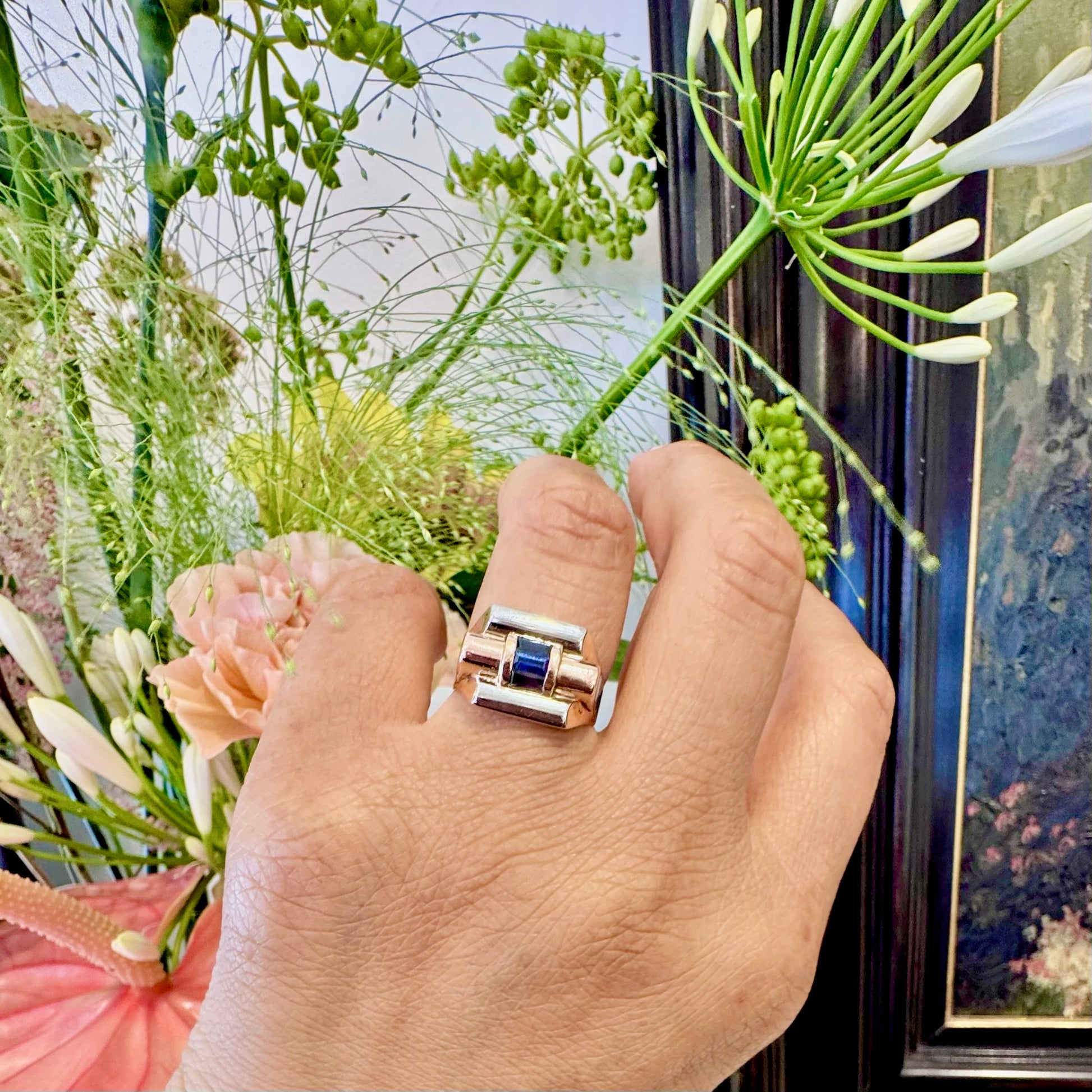 Sapphire 18 Carat Gold Two Tone Tank Ring