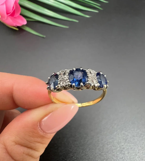 Antique Sapphire And Diamond Seven Stone Ring In Gold And Platinum
