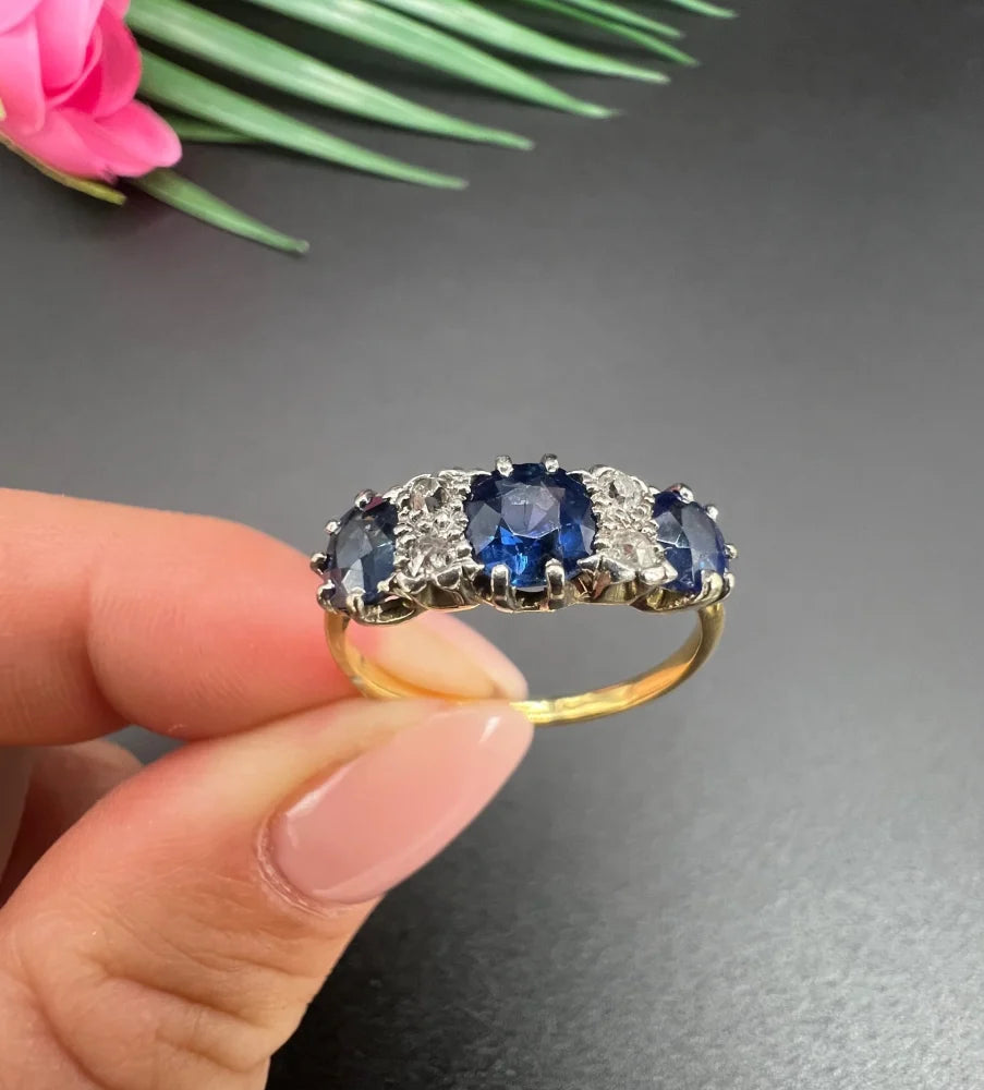 Antique Sapphire And Diamond Seven Stone Ring In Gold And Platinum