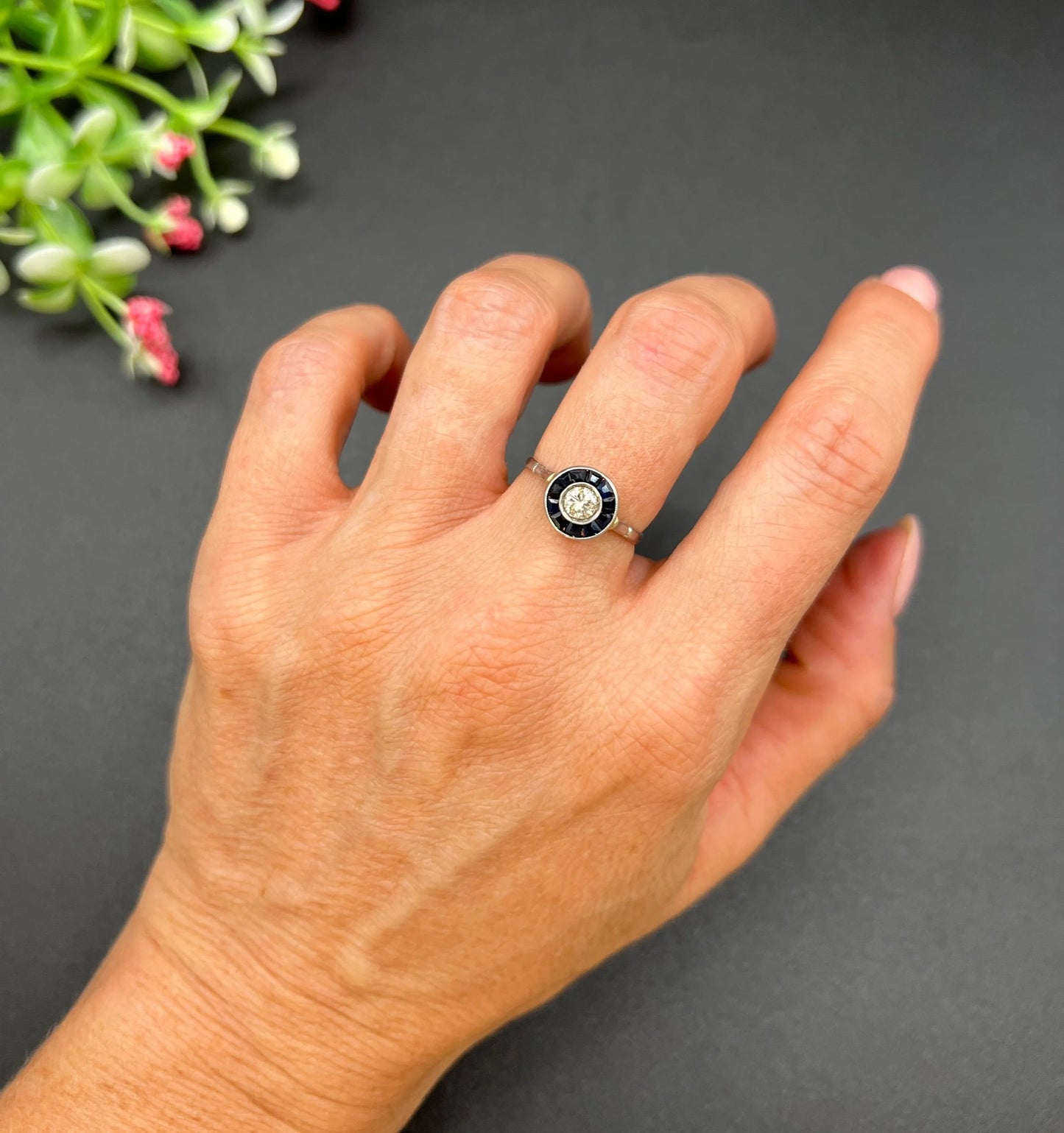 Antique 18 ct White Gold And Platinum Art Deco Sapphire And Diamond Target Ring