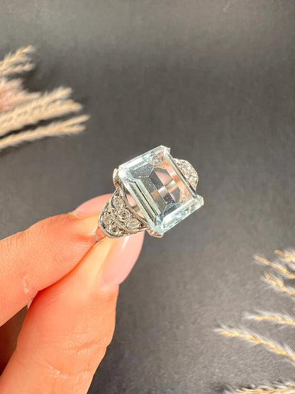 Art Deco 14 Carat White Gold Emerald Cut Aquamarine and Diamond Ring, Circa 1920
