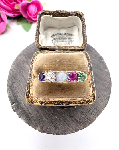 Victorian 18 Carat Gold ADORE Amethyst, Diamond, Opal, Ruby and Emerald Ring