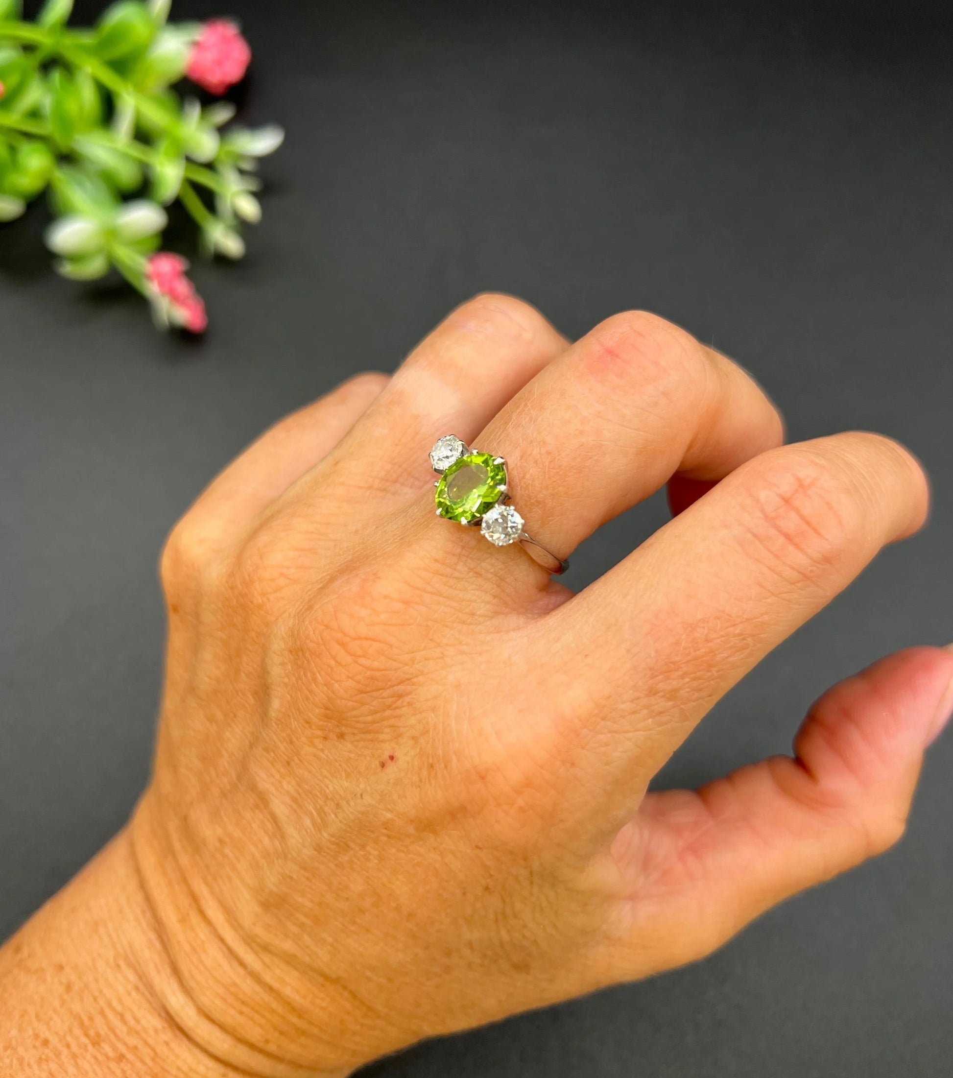 Antique Art Deco Peridot and Diamond Three Stone Ring, 1920s