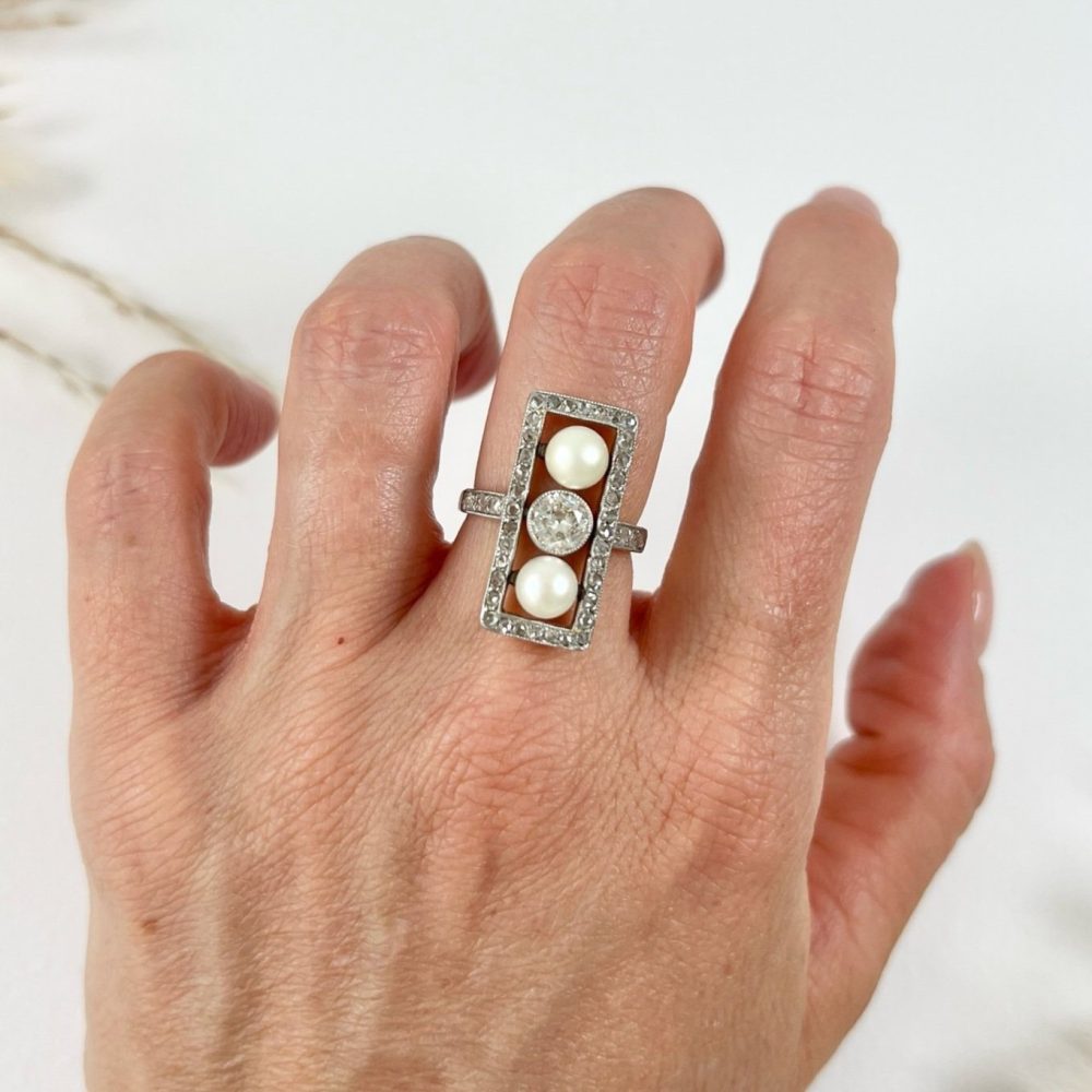 Edwardian Antique Pearl and Old Cut Diamond Trilogy Plaque Tablet Ring