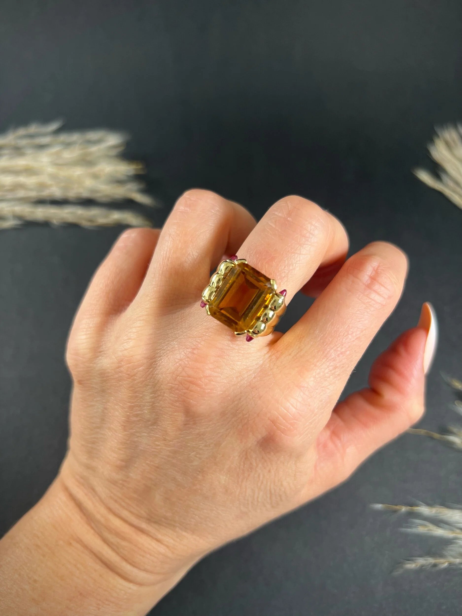 Vintage 18 Carat Yellow Gold Citrine and Cabochon Ruby Cocktail Ring, Circa 1940