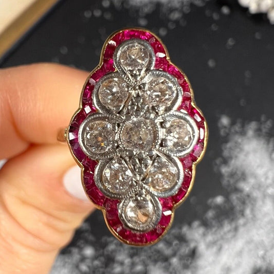 Antique French Art Deco Ruby Diamond Marquise Cluster Ring