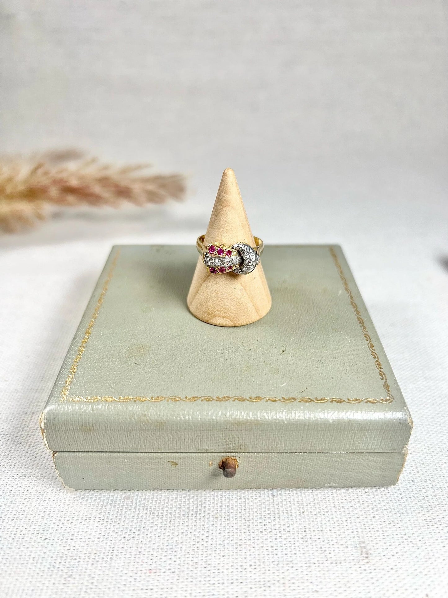 Vintage 1940s, 18ct Yellow & White Gold Ruby Diamond Set Buckle/Belt Cocktail Ring