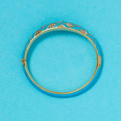 Victorian Antique Turquoise Blue Enamel and Old Cut Diamond Bangle Bracelet, 0.80 carats