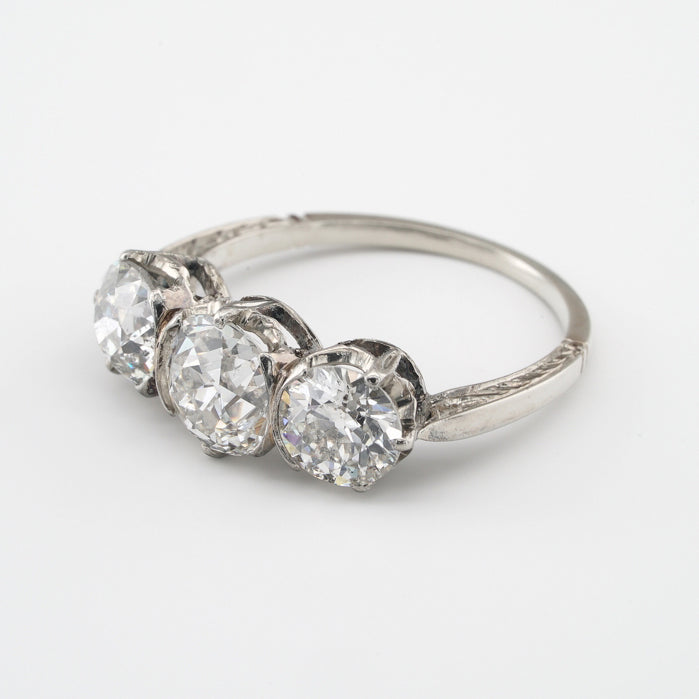 Edwardian Antique Old European Cut Diamond Three Stone Engagement Ring, 3.02 carat total