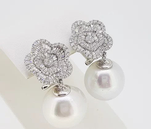 South Sea Pearl and Diamond Cluster Drop Earrings, 18ct White Gold