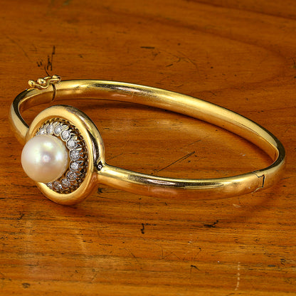 Vintage Late Art Deco South Sea Pearl and Diamond Cluster 18ct Yellow Gold Bangle Bracelet