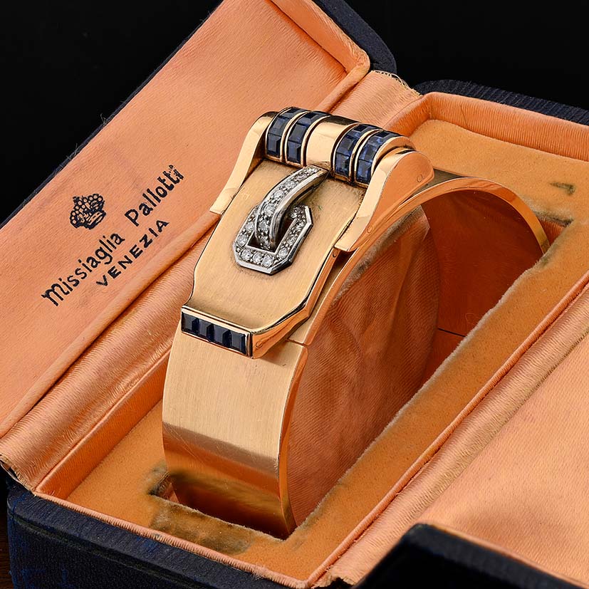 Art Deco Italian Weingrill Sapphire Diamond Gold Buckle Clip Bangle Bracelet