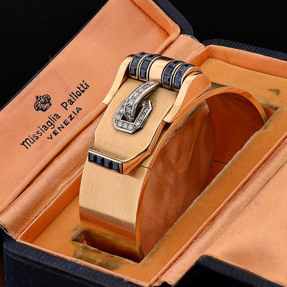 Art Deco Italian Weingrill Sapphire Diamond Gold Buckle Clip Bangle Bracelet