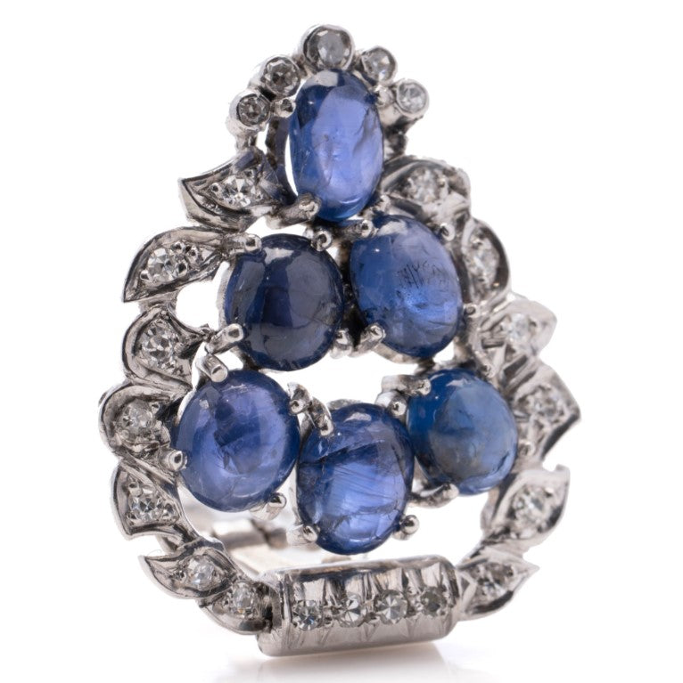 7.20ct Natural Cabochon Sapphire and Diamond Leaf Shaped Cluster Earrings