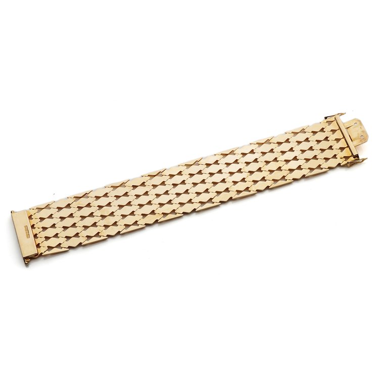 Vintage Italian Fancy Diamond Link Wide Cuff Gold Bracelet