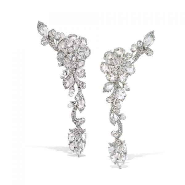 Rose Cut Diamond Floral Cluster Drop Earrings; set with pear-shaped rose-cut, briolette-cut and round brilliant-cut diamonds, 13.43 carat total