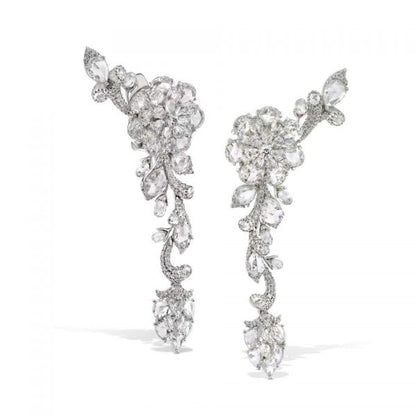 Rose Cut Diamond Floral Cluster Drop Earrings; set with pear-shaped rose-cut, briolette-cut and round brilliant-cut diamonds, 13.43 carat total