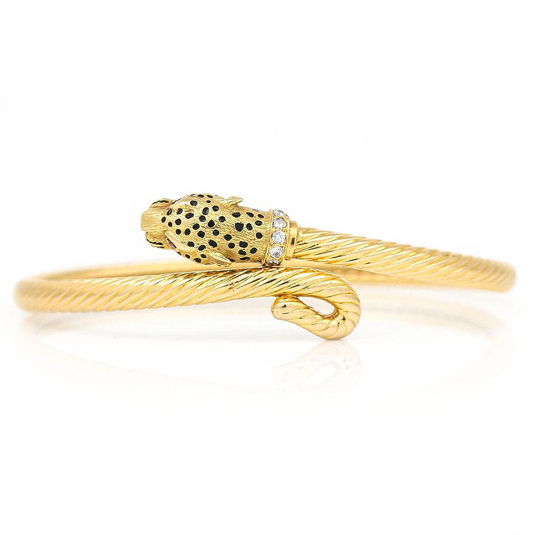 Vintage Gold Leopards Head Bangle with Diamonds, Rubies and Black Enamel Spots