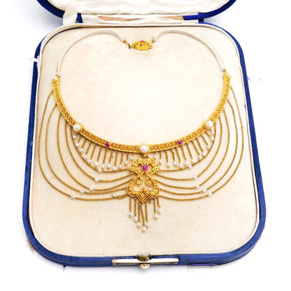Antique Neo Renaissance Style Festoon Necklace with Pearls and Rubies