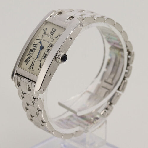 Cartier Tank Américaine Ladies 18ct White Gold Watch, Ref 1713, white dial, Roman numerals, sapphire crystal, Quartz movement, 18ct white gold bracelet with double-fold clasp, with Cartier box.