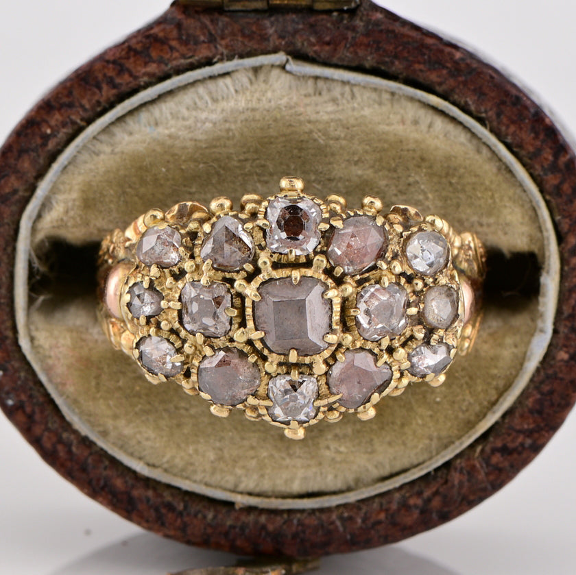 Antique Georgian 1.30ct Table Cut and Rose Cut Diamond Cluster Locket Mourning Ring Circa 1790 1810