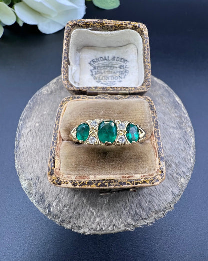 Vintage 18ct Yellow Gold, 1960s Victorian Style Emerald and Diamond Carved Ring