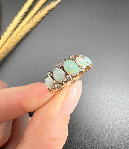 Antique 14ct Yellow Gold Stamped, 1920s Opal & Diamond Five Stone Ring
