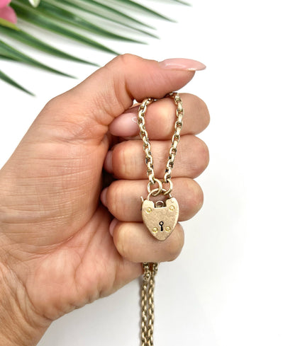 Antique 9 ct Rose Gold Oval Faceted Belcher Link Chain With Heart Padlock Clasp