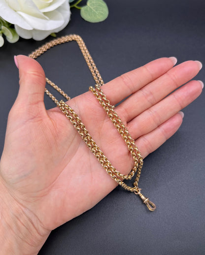 Antique 9 ct Gold Belcher Chain: Edwardian Fancy Belcher Link Long Guard Necklace