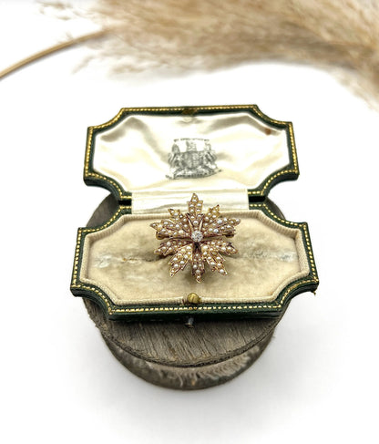 Antique 15 ct Gold, Edwardian Natural Seed Pearl And Diamond Flower Pendant/Brooch