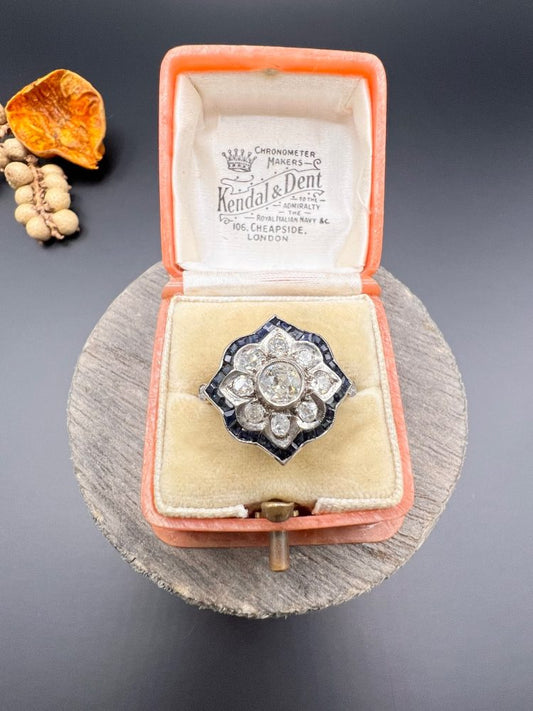 Vintage 1940s Old Cut Diamond and Calibre Sapphire Flower Cluster Engagement Ring in Platinum and 18ct Yellow Gold