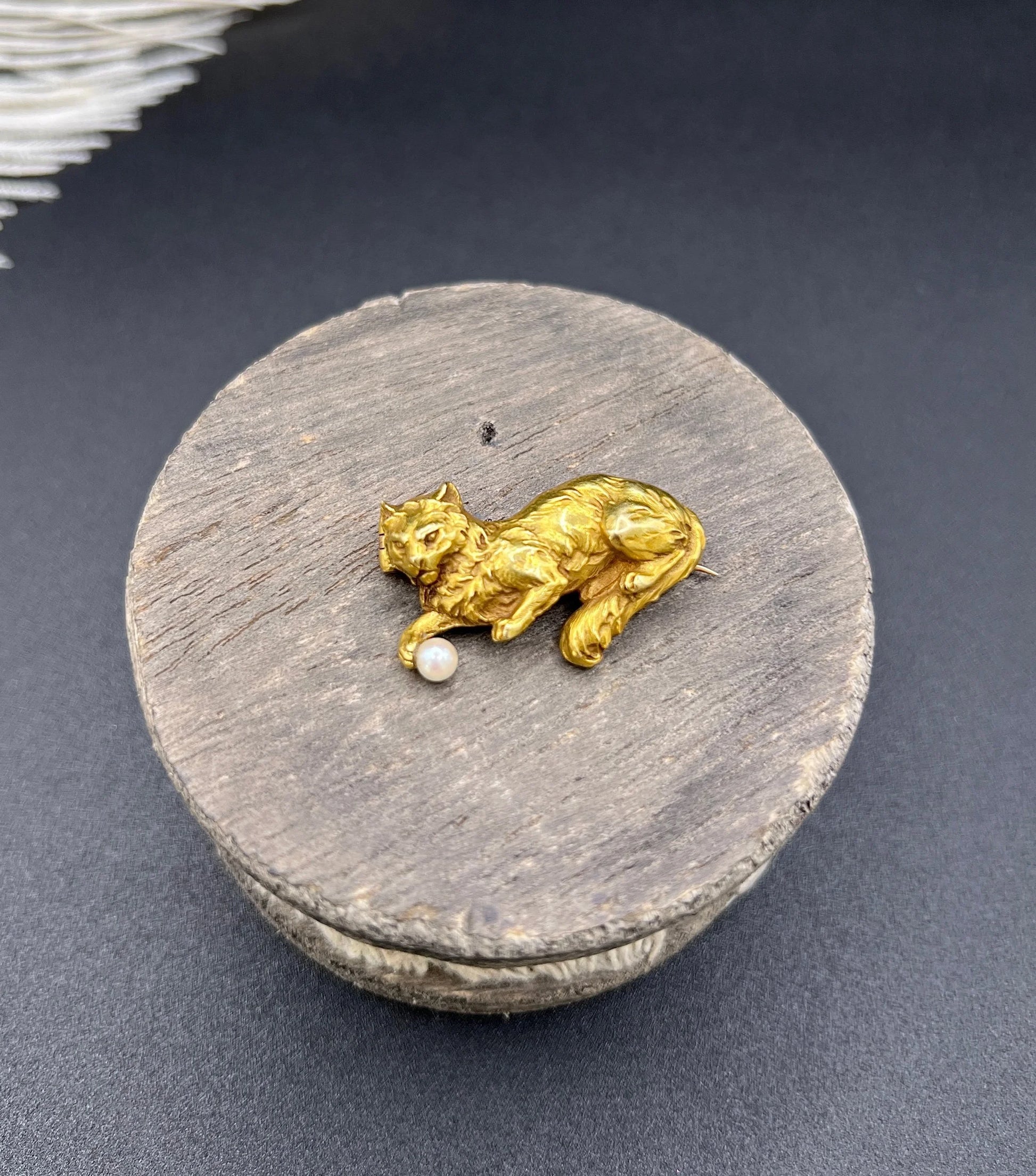 Edwardian 18 Carat Gold Cat Playing with Pearl Ball Brooch, Circa 1910