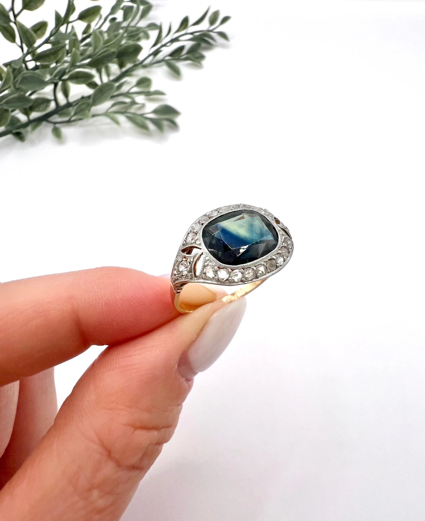 Antique 18ct Gold & Platinum, Edwardian Cushion Cut Sapphire and Diamond Ring