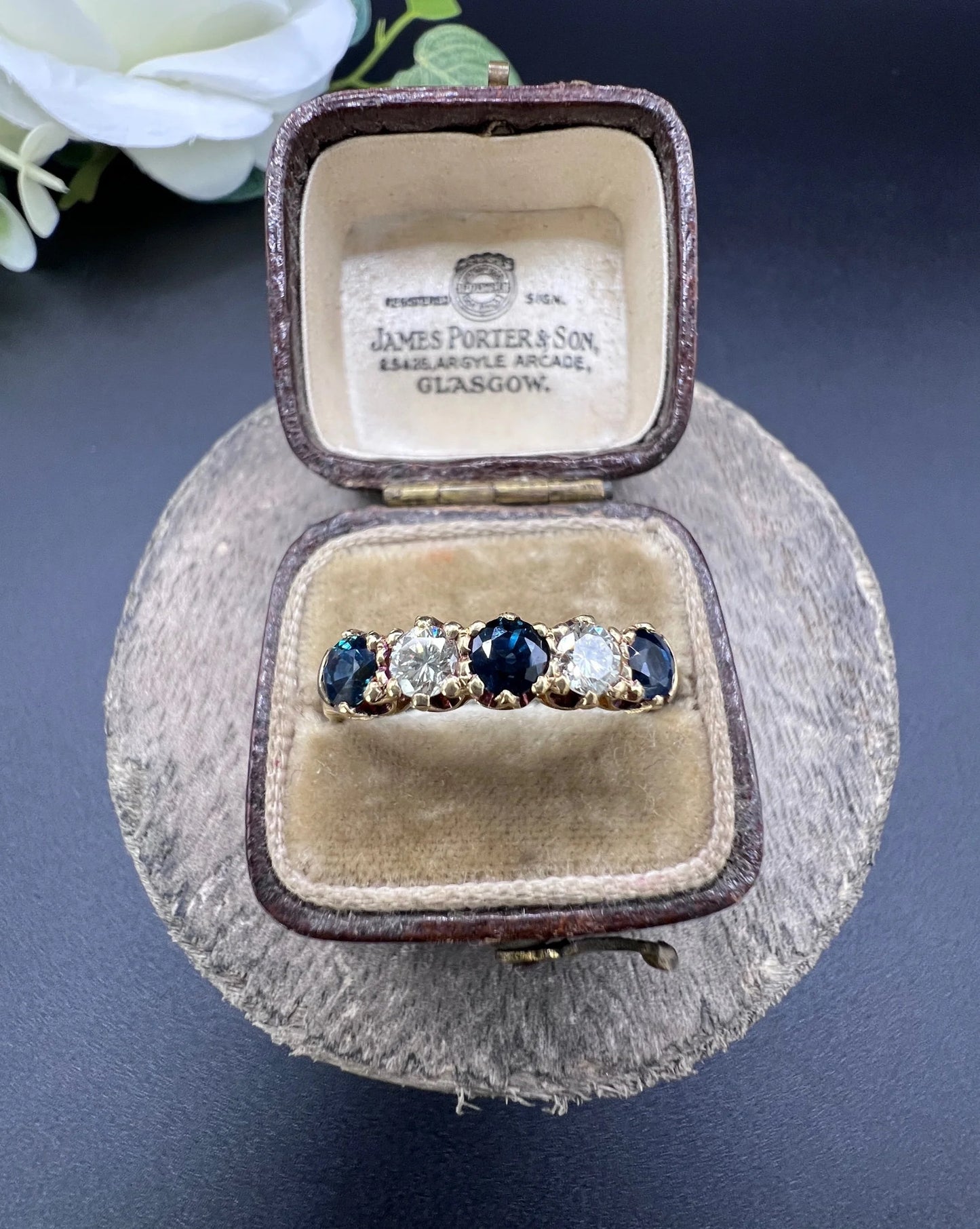 Vintage 18ct Yellow Gold, Victorian Style Sapphire and Diamond Five Stone Ring, London 1976