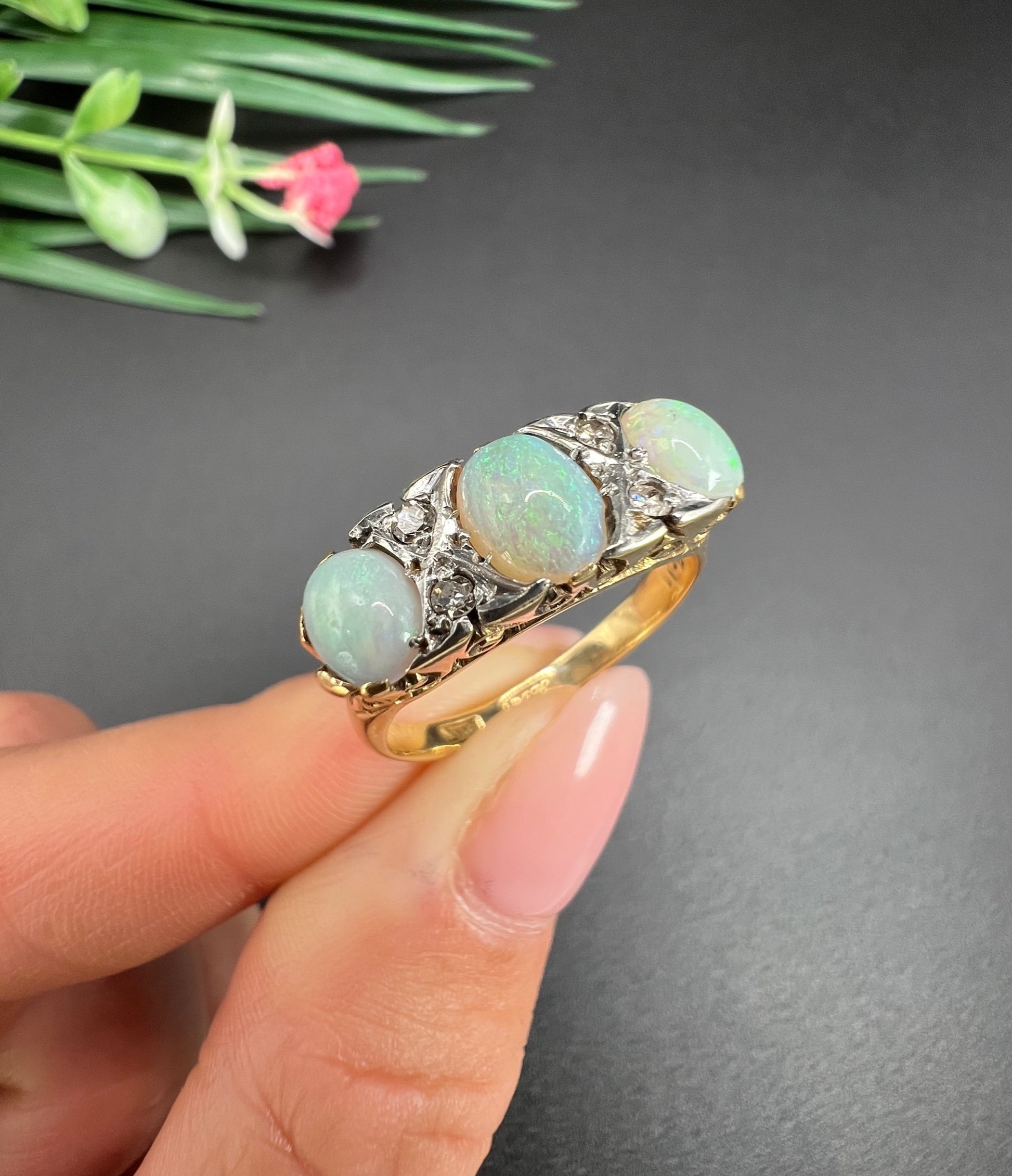Antique 18 Carat Yellow Gold and Platinum Opal and Diamond Seven Stone Ring, Circa 1910
