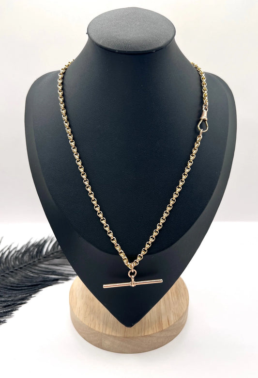 Antique 9ct Gold, Edwardian Round Fancy Belcher Link Chain with Moveable T-bar