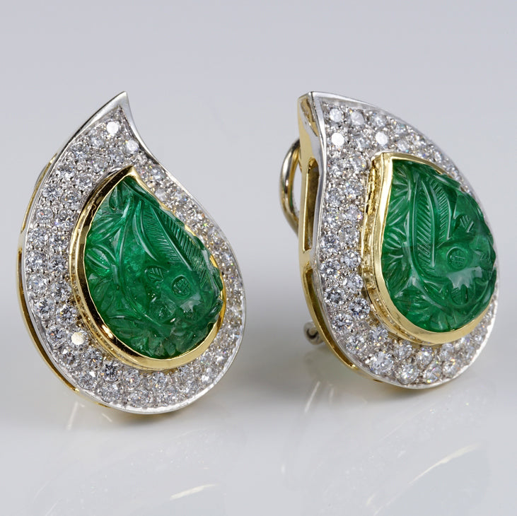 Vintage 22cts Carved Mughal Emerald and Diamond Cluster Clip On Earrings
