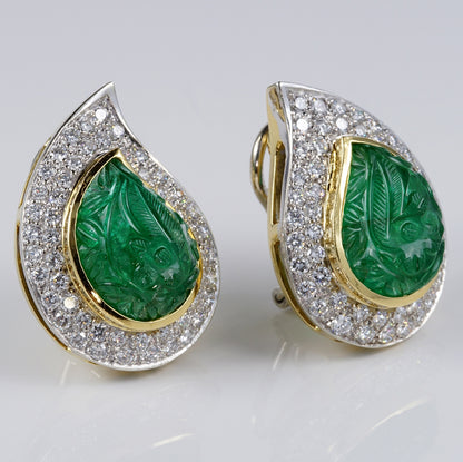 Vintage 22cts Carved Mughal Emerald and Diamond Cluster Clip On Earrings
