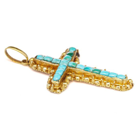 Antique Etruscan Revival Turquoise and 20ct Gold Cross Pendant