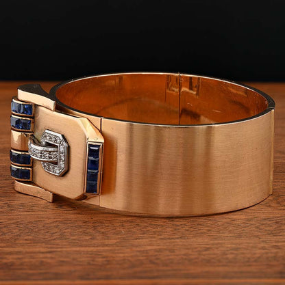 Art Deco Italian Weingrill Sapphire Diamond Gold Buckle Clip Bangle Bracelet