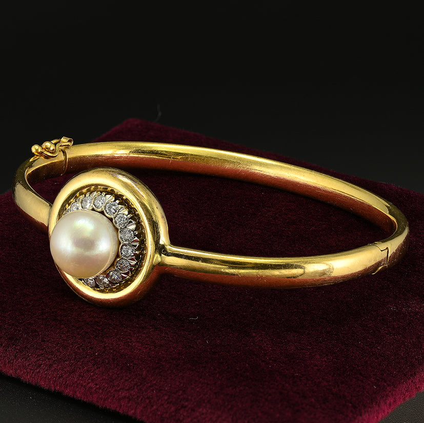 Vintage Late Art Deco South Sea Pearl and Diamond Cluster 18ct Yellow Gold Bangle Bracelet