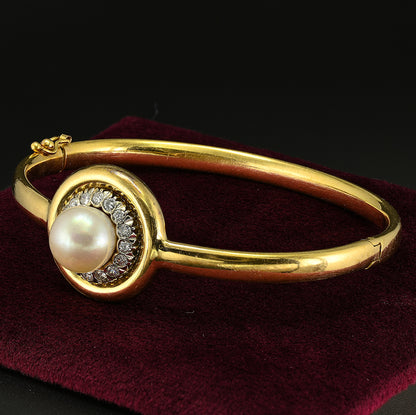 Vintage Late Art Deco South Sea Pearl and Diamond Cluster 18ct Yellow Gold Bangle Bracelet