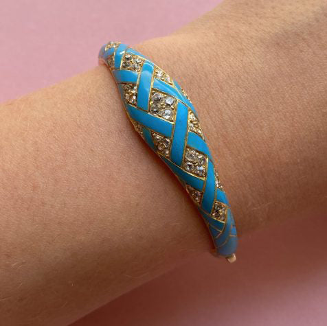 Victorian Antique Turquoise Blue Enamel and Diamond Bangle Bracelet, 0.80 carats