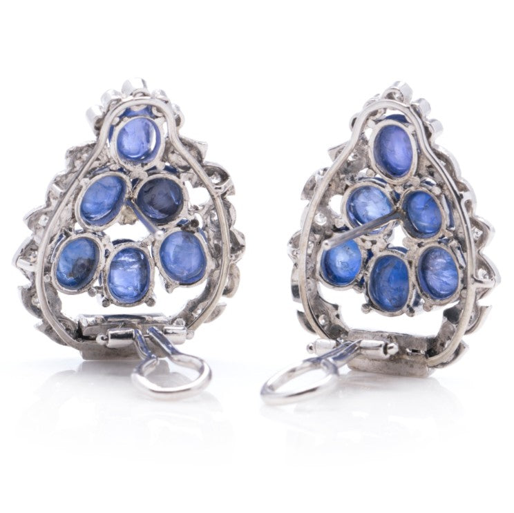 7.20ct Natural Cabochon Sapphire and Diamond Leaf Shaped Cluster Earrings