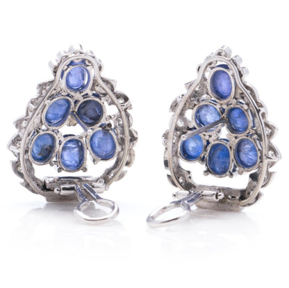7.20ct Natural Cabochon Sapphire and Diamond Leaf Shaped Cluster Earrings