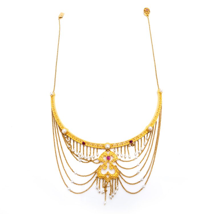 Antique Neo Renaissance Style Festoon Necklace with Pearls and Rubies