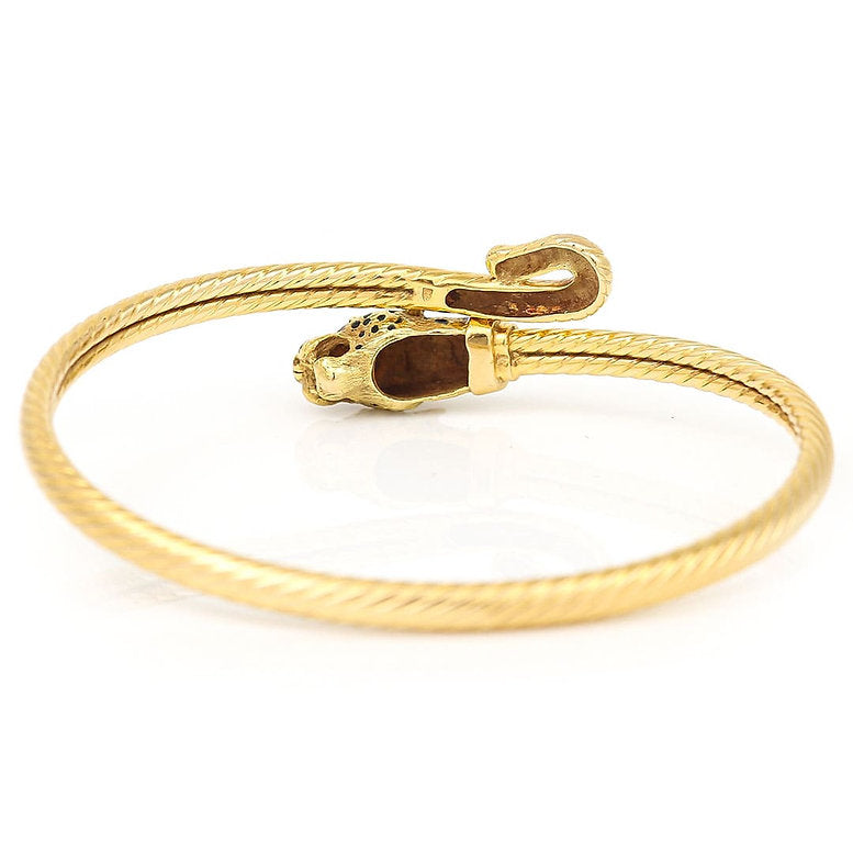 Vintage Gold Leopards Head Bangle with Diamonds, Rubies and Black Enamel Spots