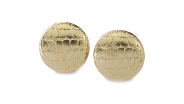Tiffany and Co 18ct Yellow Gold Earrings; disc design bearing a geometric snakeskin pattern in relief. Made in USA, Circa 2000s. Comes in original box