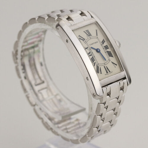 Cartier Tank Américaine Ladies 18ct White Gold Watch, Ref 1713, white dial, Roman numerals, sapphire crystal, Quartz movement, 18ct white gold bracelet with double-fold clasp, with Cartier box.