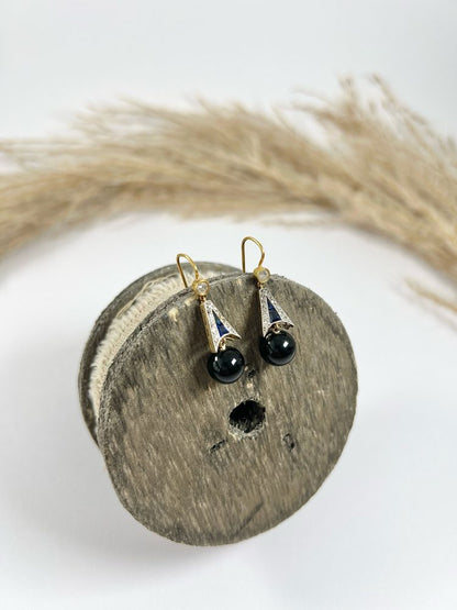 Antique 18ct Gold & Platinum, Edwardian Diamond, Sapphire, Onyx Drop Dangle Earrings